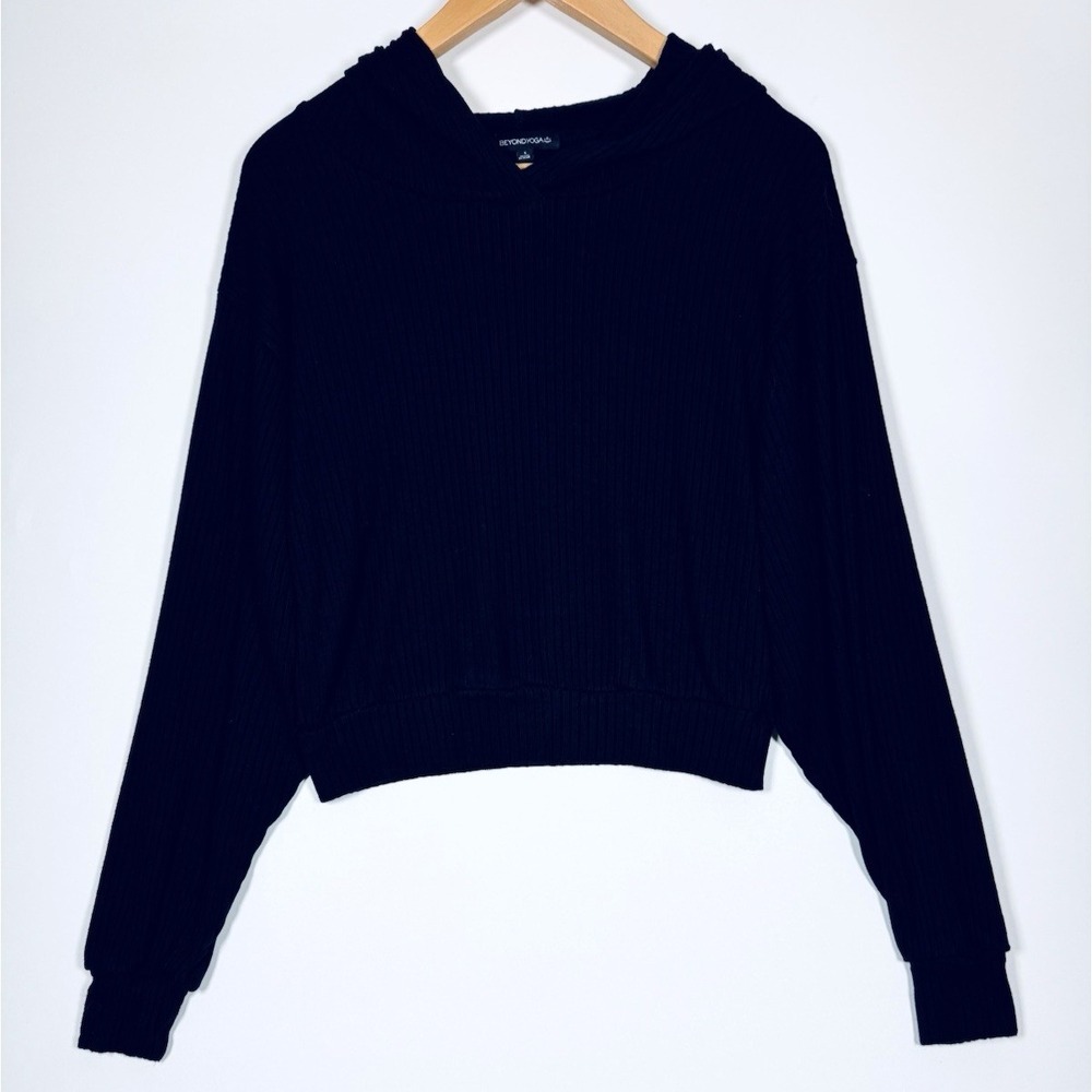 Beyond Yoga Small Black Ribbed Cropped Hoodie Rayon Stretch Pullover Made in USA